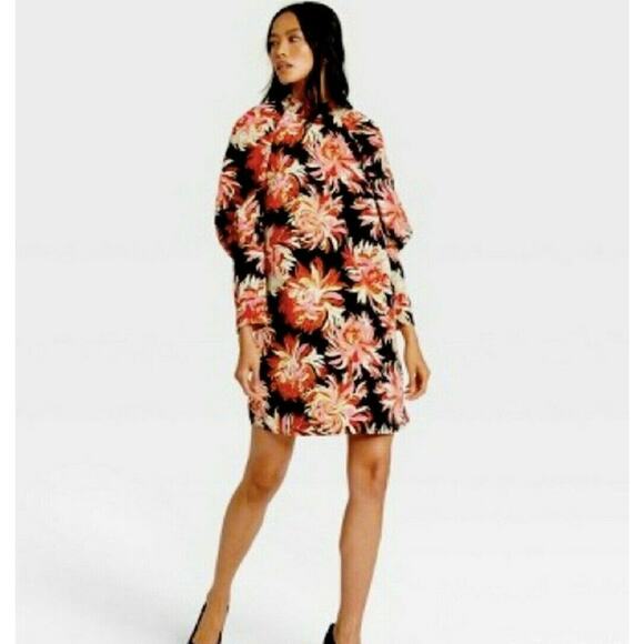 Who What Wear XXL Dress Mod Puff Sleeve Moc Neck Colorful Floral Boho Shift - Picture 1 of 9